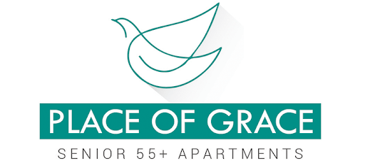 A logo for Place of Grace Senior 55+ Apartments featuring a stylized bird.